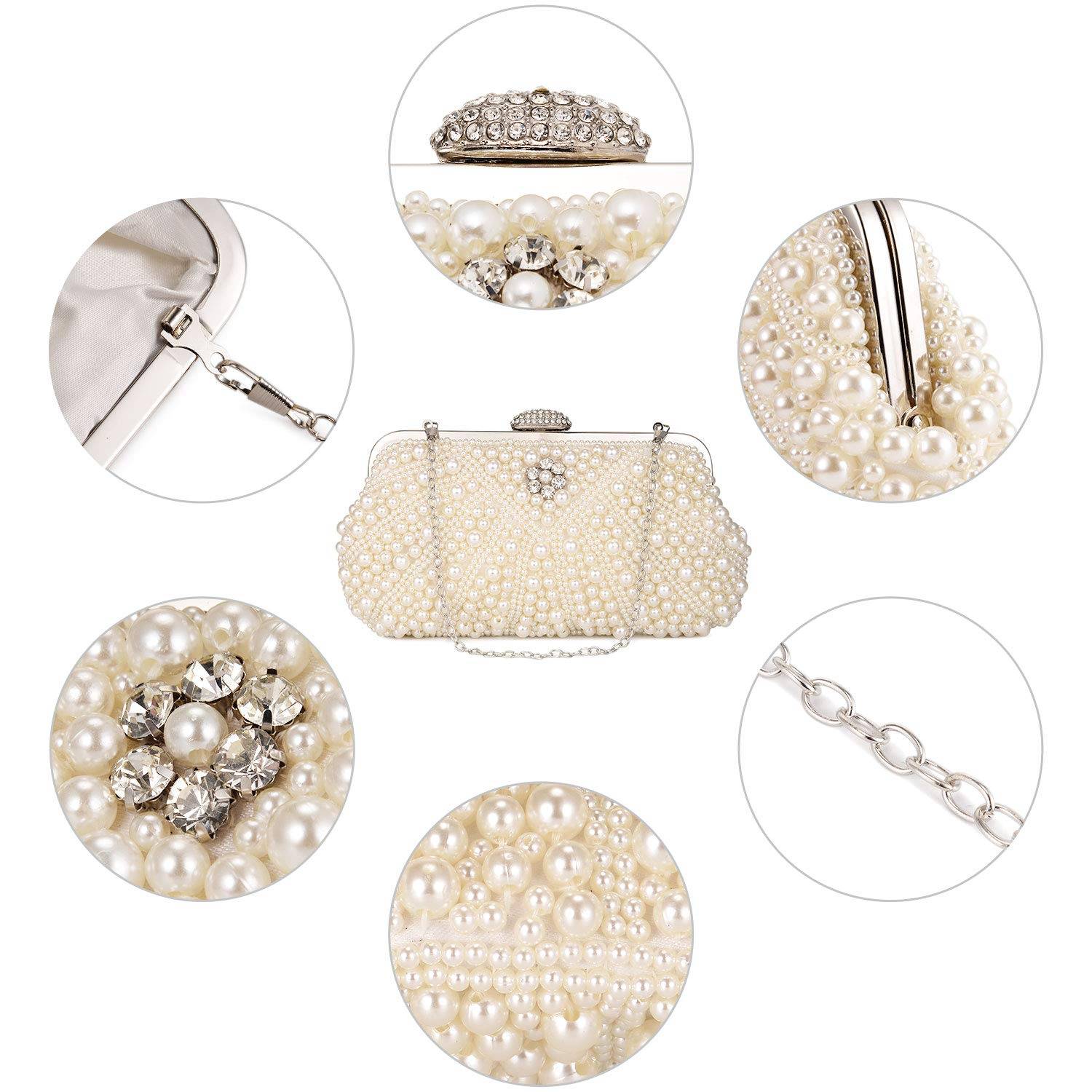 Women Pearl Clutch Bag Noble Crystal Beaded Evening Bag Wedding Clutch with Pearl Chain