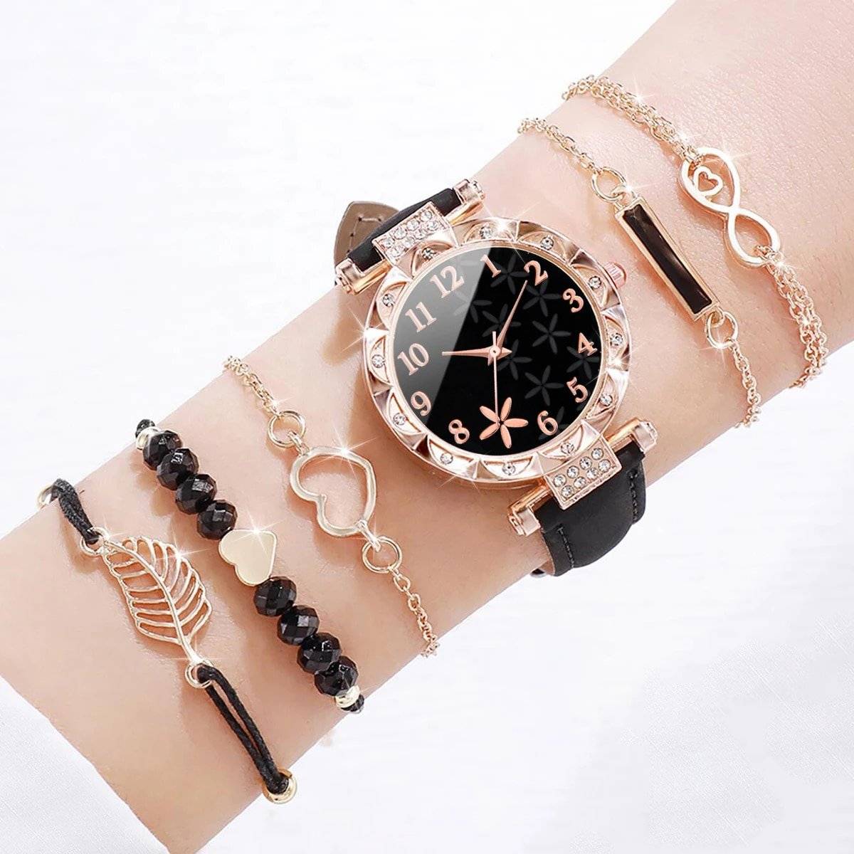 6PCS/Set Fashion Rhinestone Women Watches Heart Leaf Bracelets Set Female Flower Dial Leather Band Quartz Watch（Without Box）