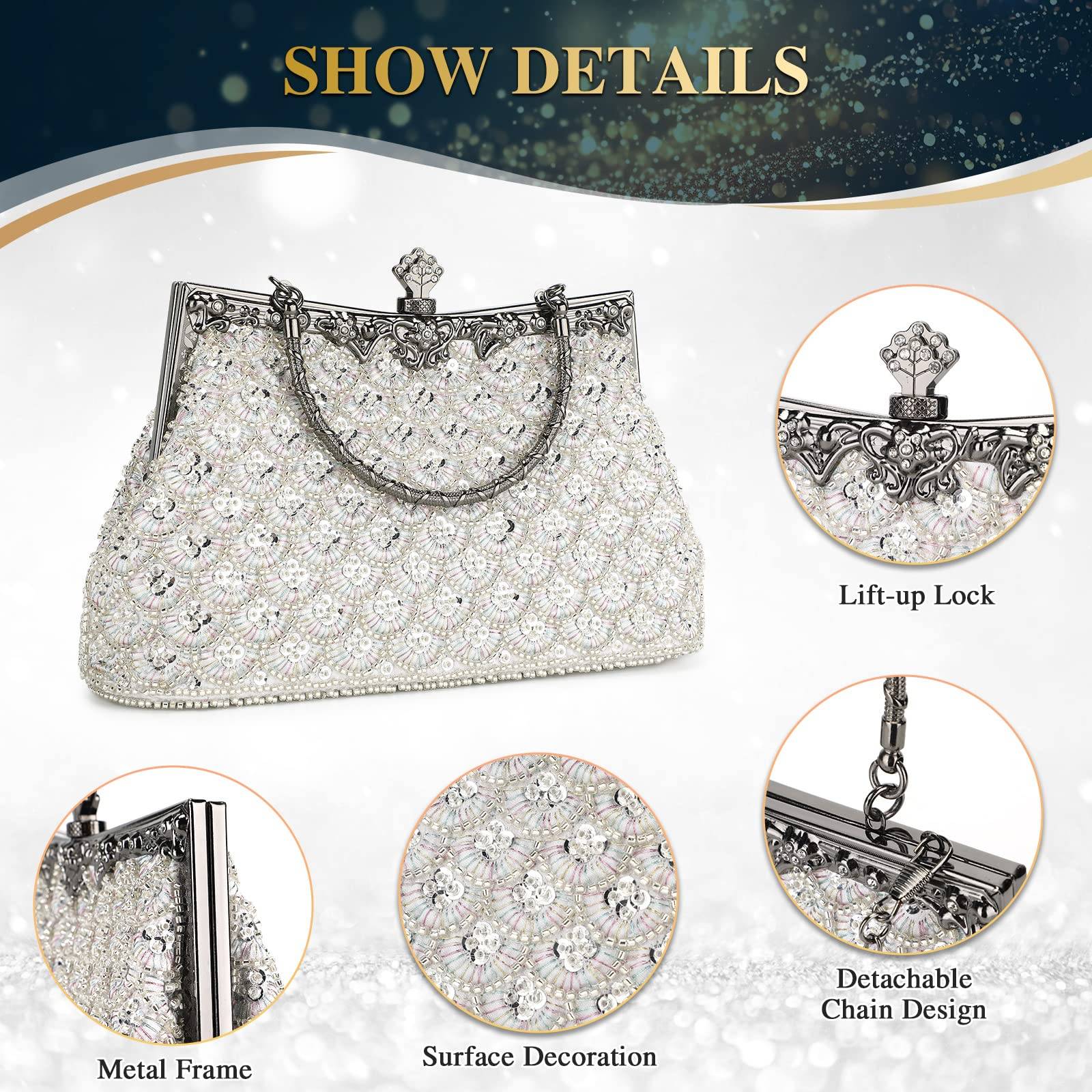 Women Vintage Floral Beaded Rhinestone Embroidery Clutch Evening Handbag Wedding Party Purse Vintage Bags