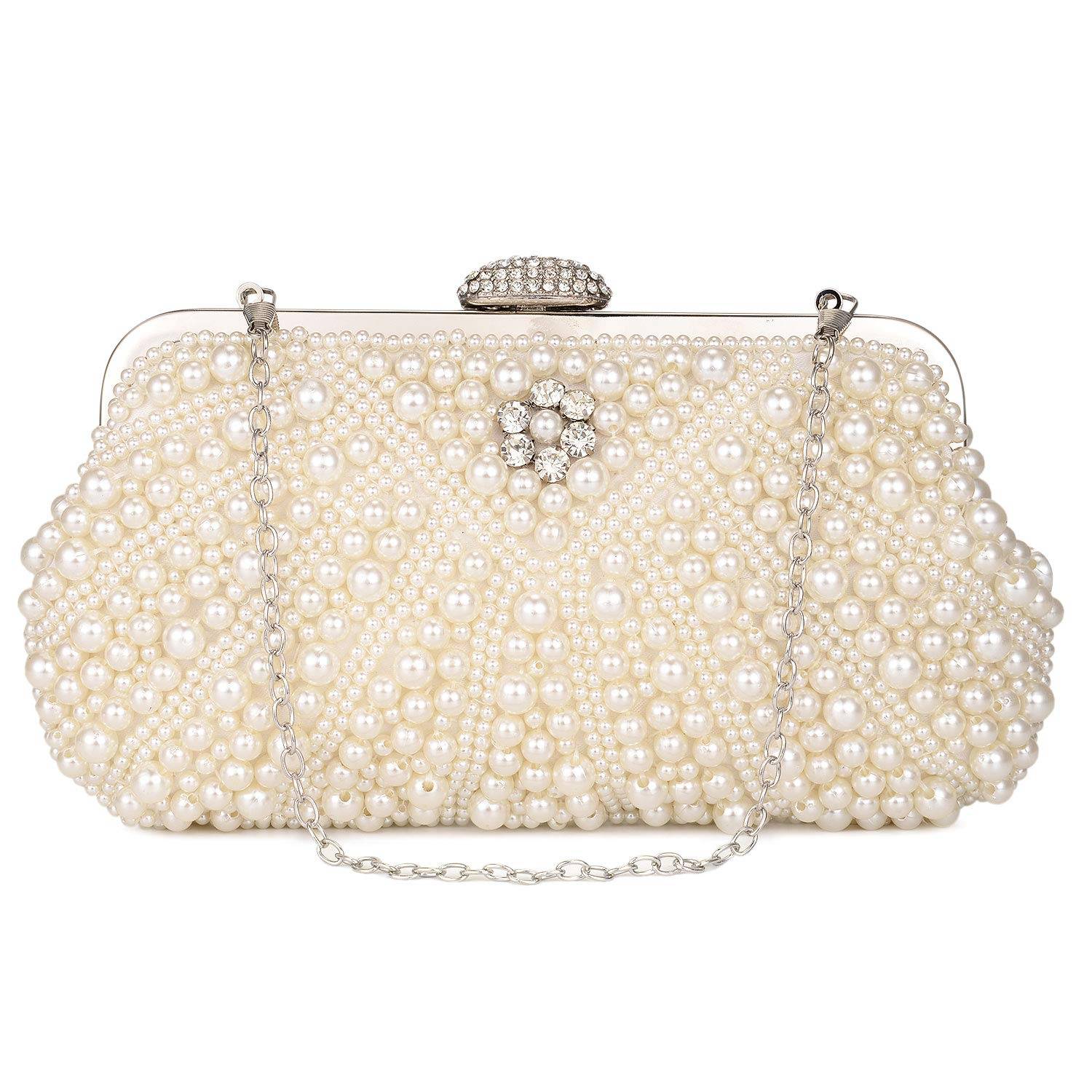 Women Pearl Clutch Bag Noble Crystal Beaded Evening Bag Wedding Clutch with Pearl Chain